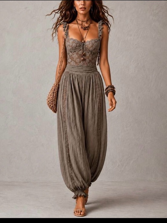 Pants - Boho Lace Bodice Harem Jumpsuit in Taupe